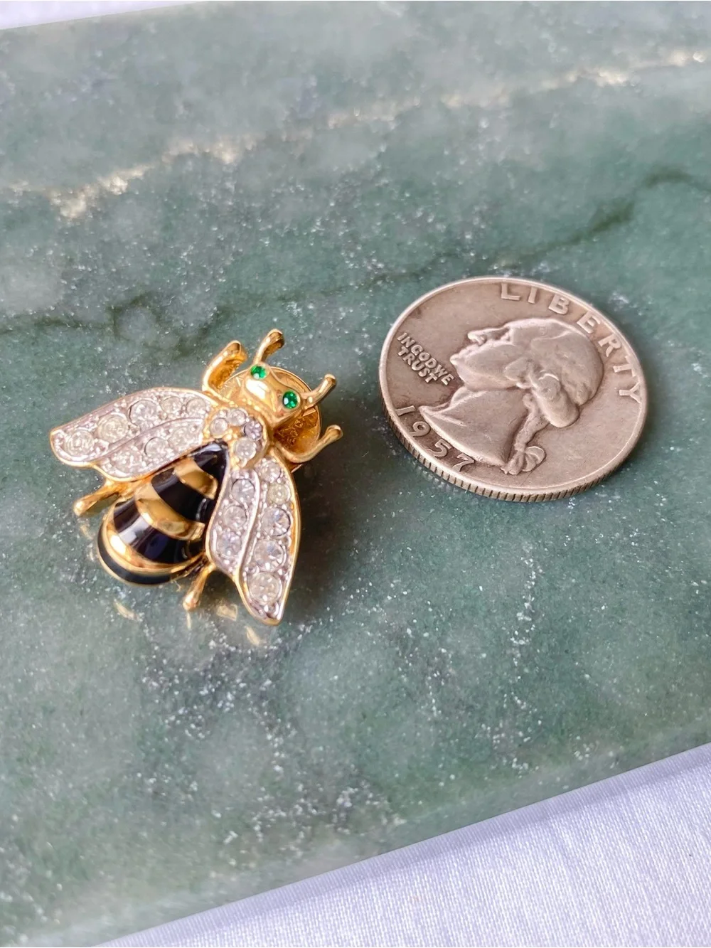 Vintage Carolee Gold-Tone Bee Brooch with Black Enamel, clear and green crystals